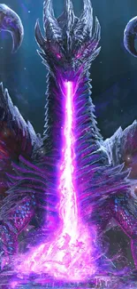 Epic fantasy dragon breathing vibrant purple flames.