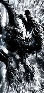 Epic black dragon in icy fantasy art wallpaper.