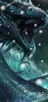 Epic dragon with waves and bubbles on a teal background in fantasy art.