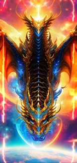 Epic dragon fantasy art with cosmic backdrop.