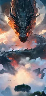 Epic dragon soaring through fiery clouds in fantasy artwork.