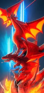 Epic fantasy dragon soaring in vibrant red and orange hues.