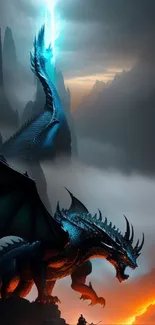 Epic blue dragon and warrior in a fiery fantasy landscape.