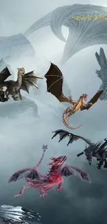 Epic fantasy art wallpaper with dragons flying over mountains.