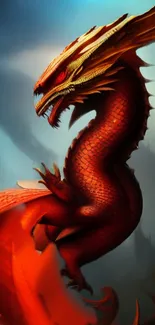 Majestic red dragon with fiery scales in a mystical fantasy setting.