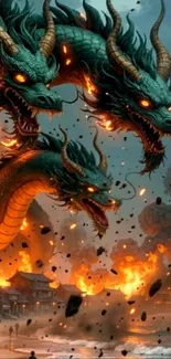 Three-headed dragon in a fiery landscape.