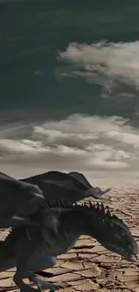 Majestic black dragon over cracked earth landscape.