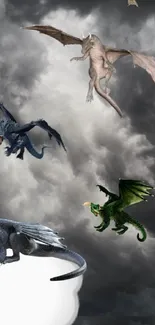 Mobile wallpaper featuring dragons flying across a dramatic, cloudy sky.