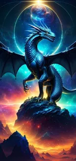 Epic blue dragon in vibrant cosmic fantasy setting with vivid colors.