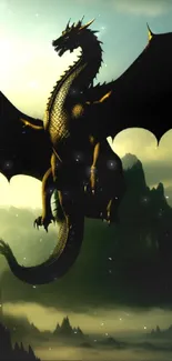 Majestic dragon soaring over dark landscape in fantasy mobile wallpaper.