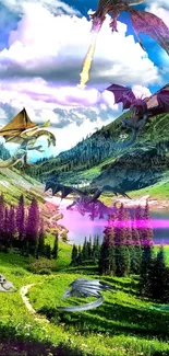 Fantasy wallpaper with dragons over a green valley and blue sky.