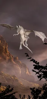 Epic dragon soaring in mystical landscape wallpaper.