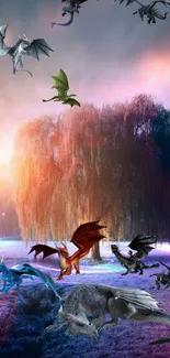 Mystical wallpaper featuring flying dragons over a colorful fantasy landscape.