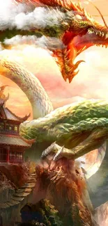 Epic dragon soaring over Asian temples with vibrant colors.