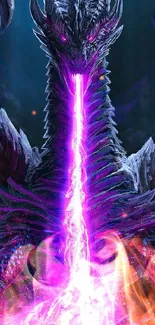 Epic dragon breathing purple fire in fantasy art.