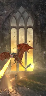 Dragon flying through a gothic window in a fiery, mystical scene.