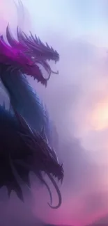 Epic dragons and adventurer in vibrant fantasy setting with a purple sky.