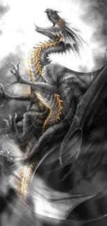 Epic fantasy dragon emerging in grayscale art.