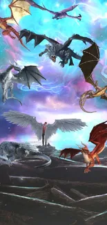 Epic fantasy wallpaper with dragons flying in a mystical, colorful sky.