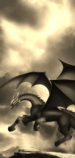 Epic dragon soaring through dramatic cloudy skies in sepia tones.