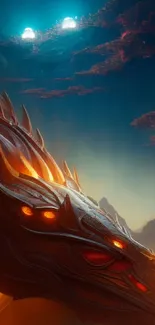 Epic dragon fantasy wallpaper with orange glow and blue mystical sky.