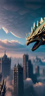 Epic fantasy wallpaper with dragon flying over a mystical city.