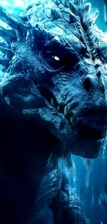 Epic blue dragon in a fantasy setting, close-up view.