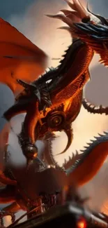 Epic dragon with fiery orange wings in a fantasy setting.