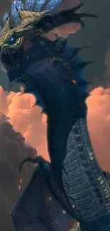 Epic dragon fantasy wallpaper with dark blue tones and fiery clouds.