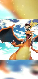 Hero and dragon flying under blue skies in anime style wallpaper.