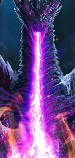 Epic dragon with purple flames in a fantasy setting.