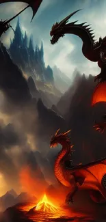 Fiery dragons soar over volcanic peaks in a dramatic fantasy setting.