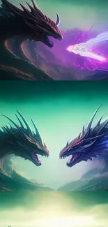 Epic dragon battle fantasy wallpaper for mobile with vibrant colors.