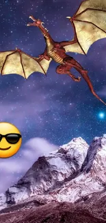 Illustrated dragon flying over starry mountains.