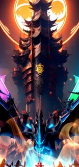 Epic dragon-themed wallpaper with mystical tower and vibrant colors.