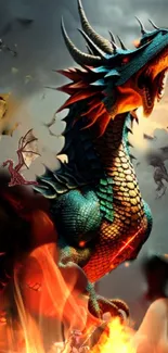 Epic dragon surrounded by flames in fantasy wallpaper.