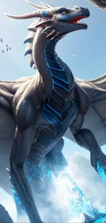 Majestic dragon with blue accents soaring in a clear sky.