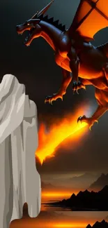 Epic dragon spewing fire in a dark, mystical landscape wallpaper.