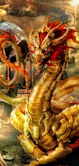 Majestic golden dragon on a fantasy landscape wallpaper with a fiery sky.