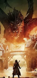 Epic fantasy wallpaper with dragon over medieval town.