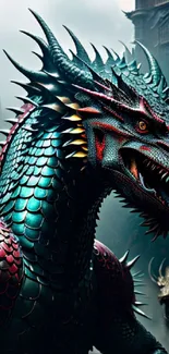 Epic dragon with teal scales in medieval setting.