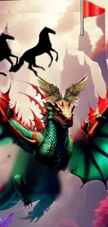 Fantasy dragon wallpaper with vibrant colors and mystical horses in the background.