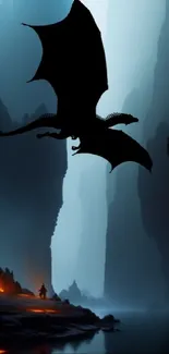 Silhouette of a dragon flying over a mystical canyon in a fantasy setting.