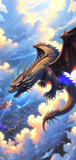 Majestic dragon soaring through vibrant clouds in fantasy art wallpaper.