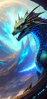 Epic dragon in a fantasy-scifi scene with vibrant blue hues and intricate details.