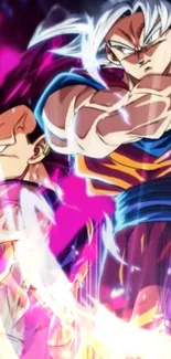 Anime fighters clash with fiery purple aura.