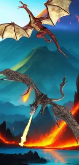 Two dragons in a fiery battle over a volcano.