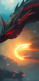 Majestic dragon breathing fire in mystical landscape wallpaper.