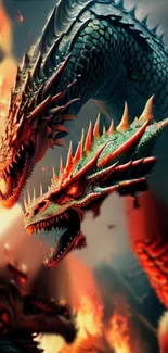 Epic dragon surrounded by fire in a fantasy wallpaper.