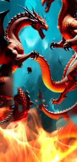 Two dragons in fiery battle wallpaper.